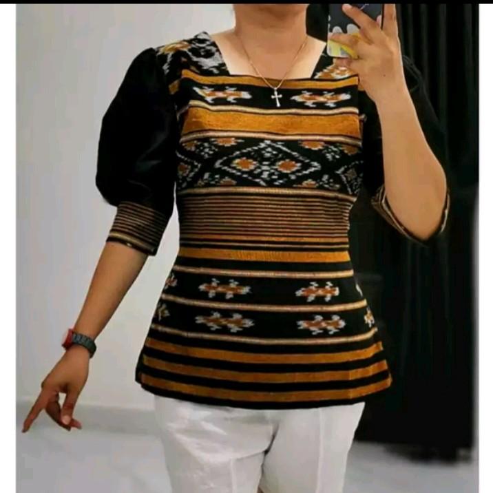 Blus Wanita Kombinasi Lengan Toyobo - Baju Moderen Kalea - Panjang, Tenun 2