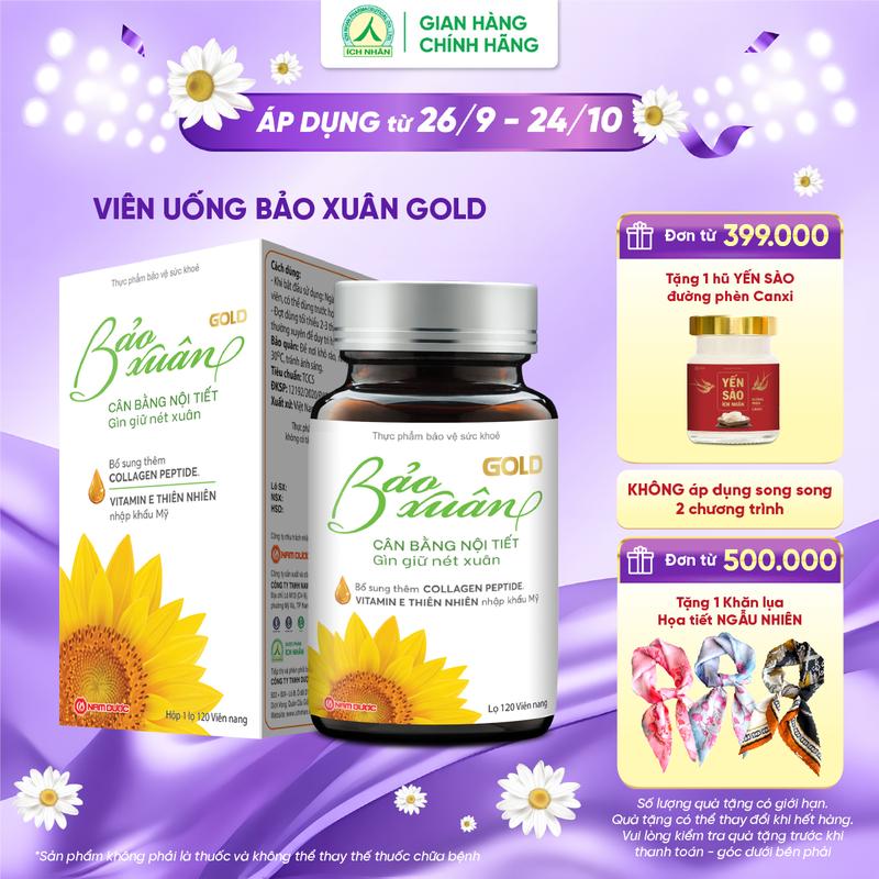 Viên uống Bảo Xuân Gold bổ sung Nội Tiết Tố Nữ làm đẹp da, ngăn ngừa lão hóa, kéo dài tuổi xuân - Lọ 120 viên nang