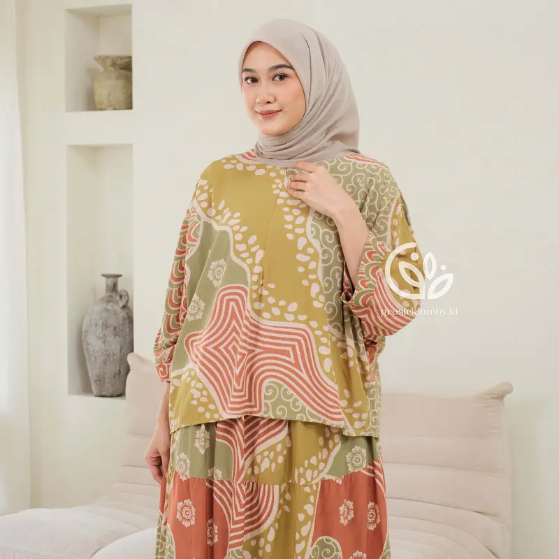 One Set Rok Marina Rayon Batik Premium Jumbo Busui Atasan Bawahan Wanita Rok Adem Tebal Nyaman 1