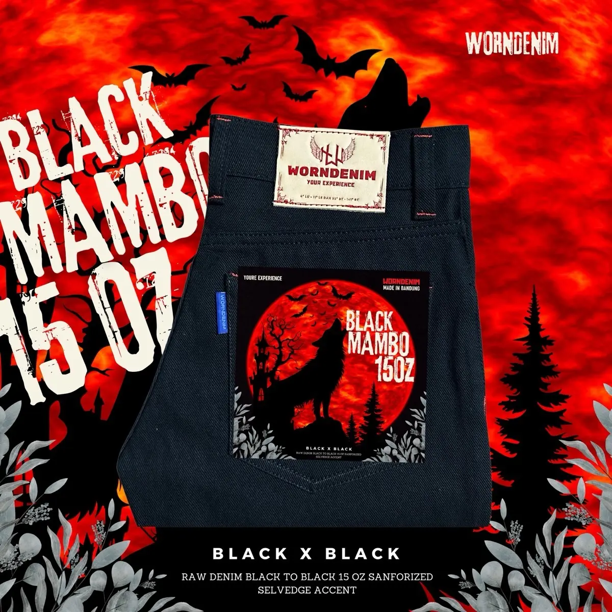 WORNDENIM-Black mambo-Raw denim 15 oz-Hitam pekat-Slimfit-Redline selvedge Panjang celana  slim fit