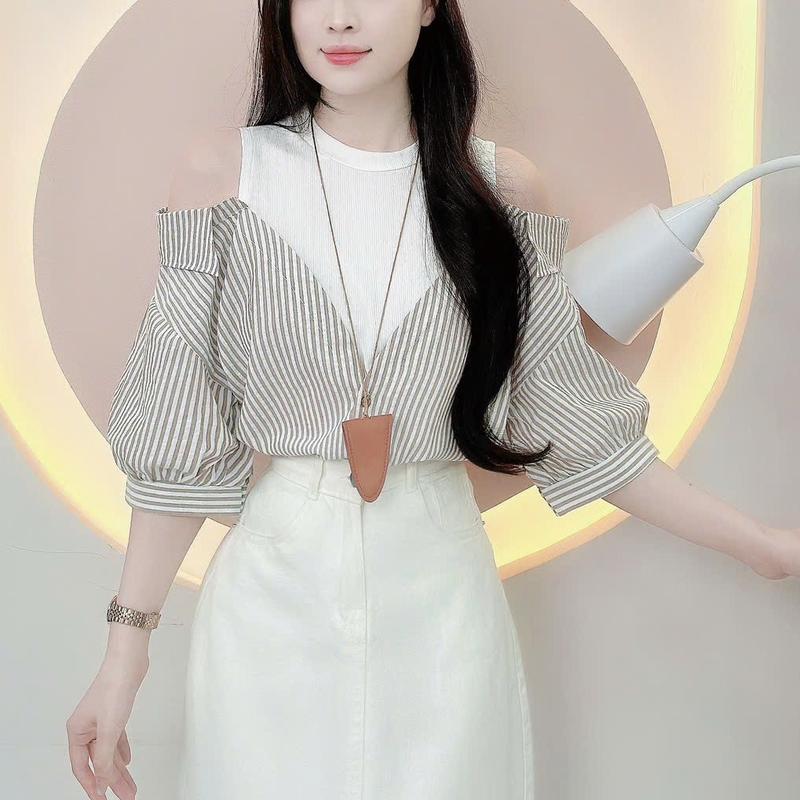 Áo sơ mi nữ sang chảnh thiết kế sơ mi kẻ sọc phối thun trắng tay ngắn trẻ trung LAMO - B1406