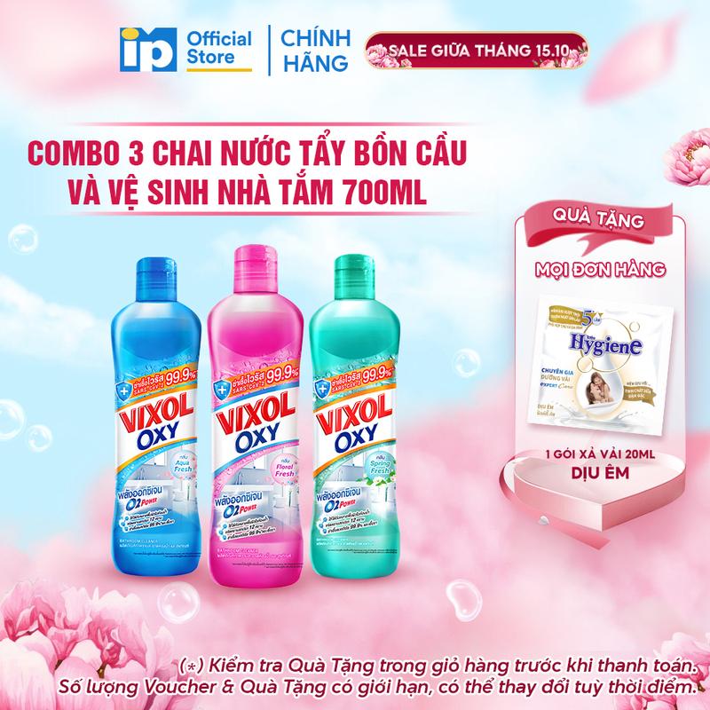 Combo 3 Nước Tẩy Bồn Cầu Và Vệ Sinh Nhà Tắm Vixol Oxy 700ml (Hương gió xuân/Hương gió biển/Hương hoa cỏ)