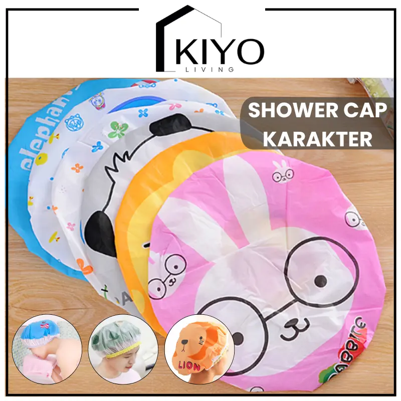 KIYO Shower Cap Karakter Kartun Lucu Topi Penutup Cover Kepala Pelindung Rambut Mandi Karakter Waterproof Topi Mandi Dewasa Anak Serbaguna