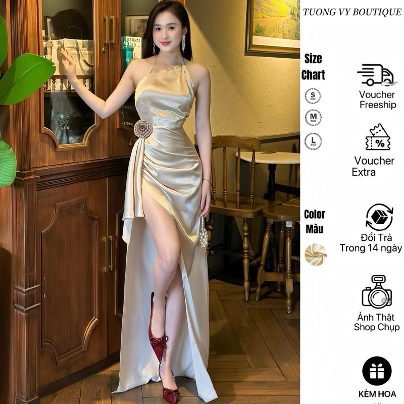 ( kÈM QUẦN VÁY RỜI - CÓ MÚT & ĐÍNH HOA ) Váy Lụa Cổ Yếm Hở Lưng Dây Cột Sau Dáng Dài Cách Điệu Xẻ Đùi Xếp Li Eo Phối Tà Rời Chất Mềm Mịn Phong Cách Sang Trọng Dành Cho Nữ - TUONGVY999 Dress Women Kem Voi Sen