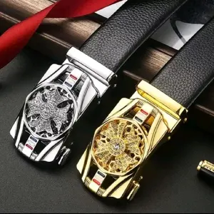 Gesper Sabuk Pria Kulit PU/Sintetis rell otomatis antigores Kepala model kincir