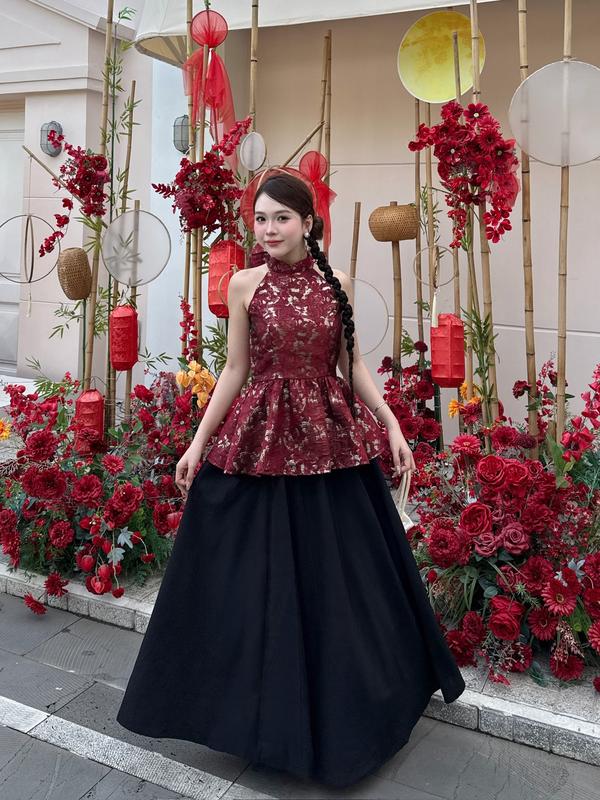 Set yếm gấm xòe nơ cổ kèm chân váy lưng chun Ảnh thật/Sẵn