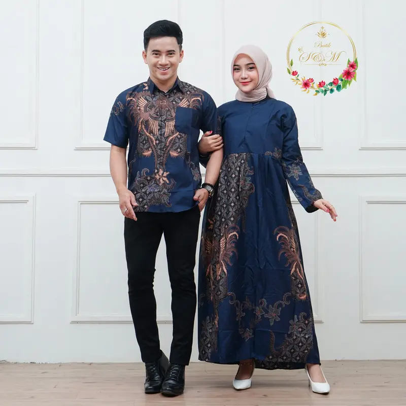 Harga sepasang Baju Pria Wanita Cuople Batik Kekinian 1 Paket Kemeja dan Gamis Sarimbit Polyester Super Premium Modern Pakaian Setelan Kondangan Pesta Muslim Pasangan 0