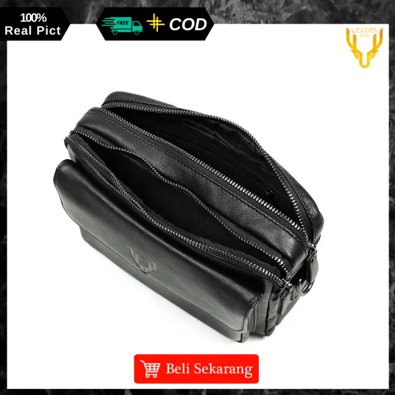 Tas Selempang Pria Kulit Sapi Asli Leaderbag Terbaru Hitam Waterproof Handbag Cowok Keren Branded Premium Multifungsi Clutchbag Slingbag 6