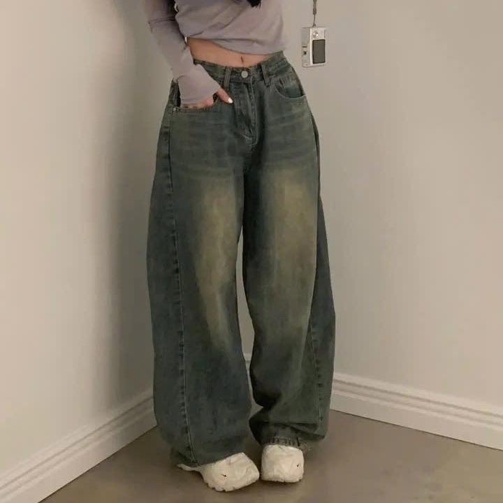 Quần jeans suông nhún hông 3 màu lưng cao dáng basic phong cách đường phố loe bò xanh ống rộng Nữ Women 5