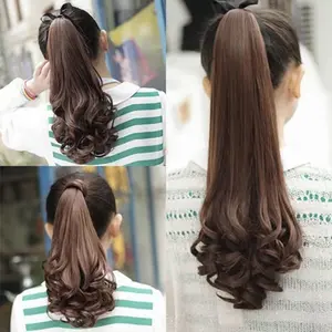 GF Wig Ponytail Anak Rambut Palsu Extension Hair Clip Ponytail Mode Pendek Keriting 35cm Ponytail Curly Tali kuncir kuda keriting berbentuk buah pir dengan pita, rambut keriting panjang, cokelat dingin, krem, pirang keemasan, ujung rambut hijau lembut