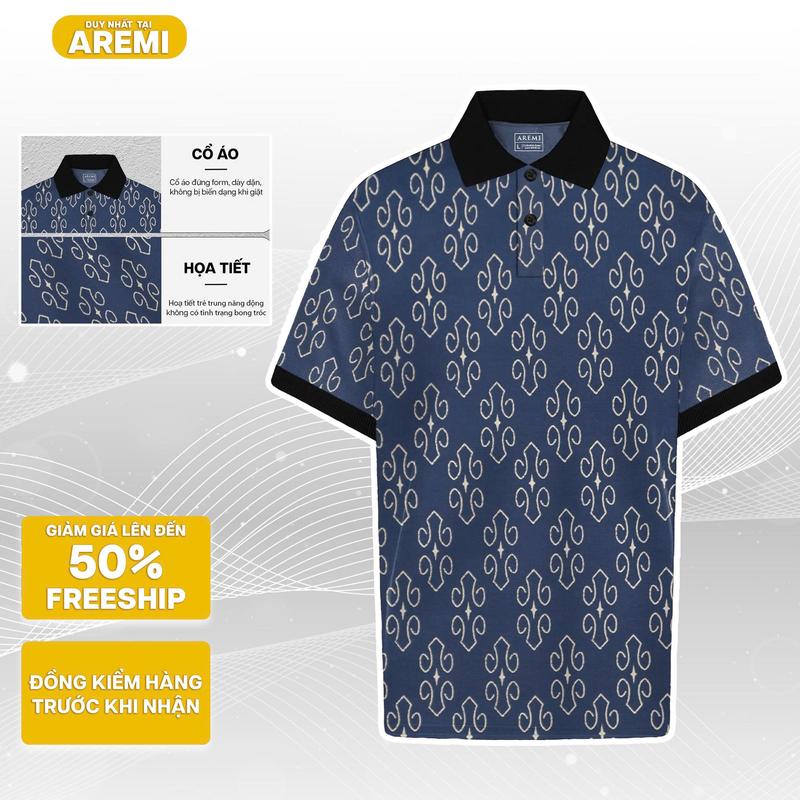Áo polo nam cổ trụ tay ngắn AREMI màu đen in thiết kế độc đáo phong cách sang trọng APL0017 Menswear Có Cổ Shirt Cộc Tay