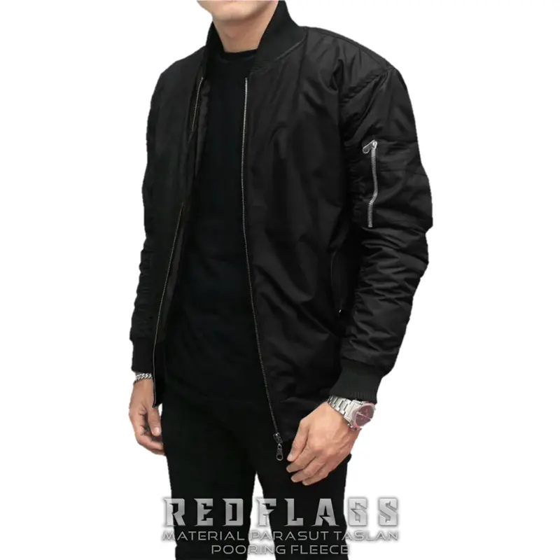 Red Flags Jaket Pria Bomber Polos Keren Parasut Ritsleting Windbreaker Cowok Lengan Panjang Original Lokal Distro Bandung Jumbo Size M L XL Hitam 6