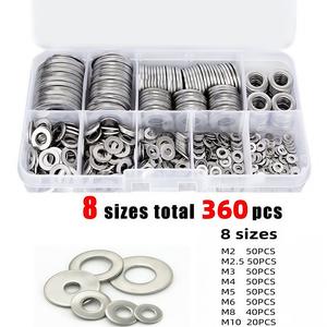 360PCS/BOX M2-M10 Stainless Steel Flat Washer Plain Washer Flat 304 Gasket Ring
