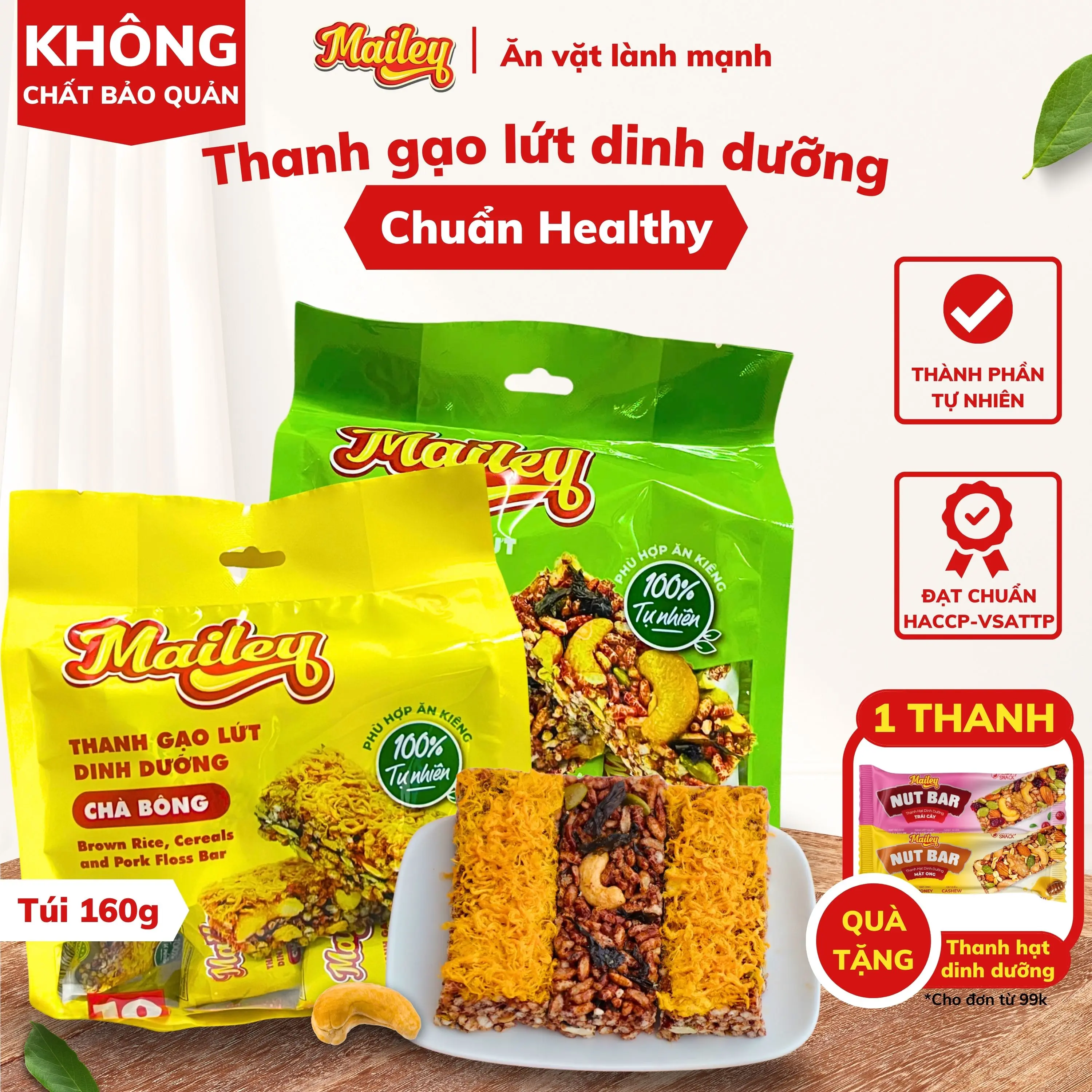 Thanh gạo lứt Mailey Túi 160g vị chà bông, rong biển mix hạt, thành phần tự nhiên, không chất bảo quản