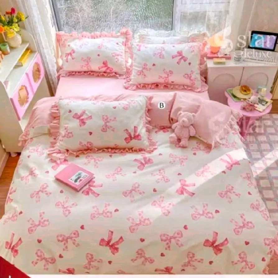 Island Sprei Set PRETTY BOWS katun cvc Premium Anti Geser Homemade Sarban Polosan Bahan Dingin Lembut Tidak Luntur Berbulu