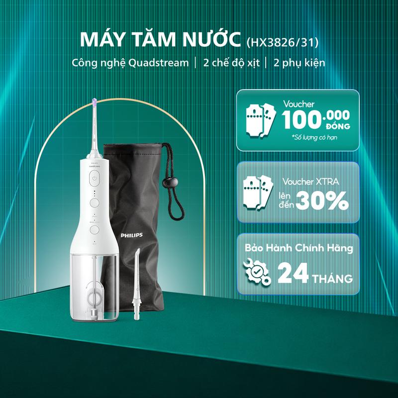 Máy Tăm Nước PHILIPS HX3826/31, 2 Đầu Phụ Kiện, Hỗ Trợ Làm Sạch Mảng Bám, Bảo Hành 24 Tháng