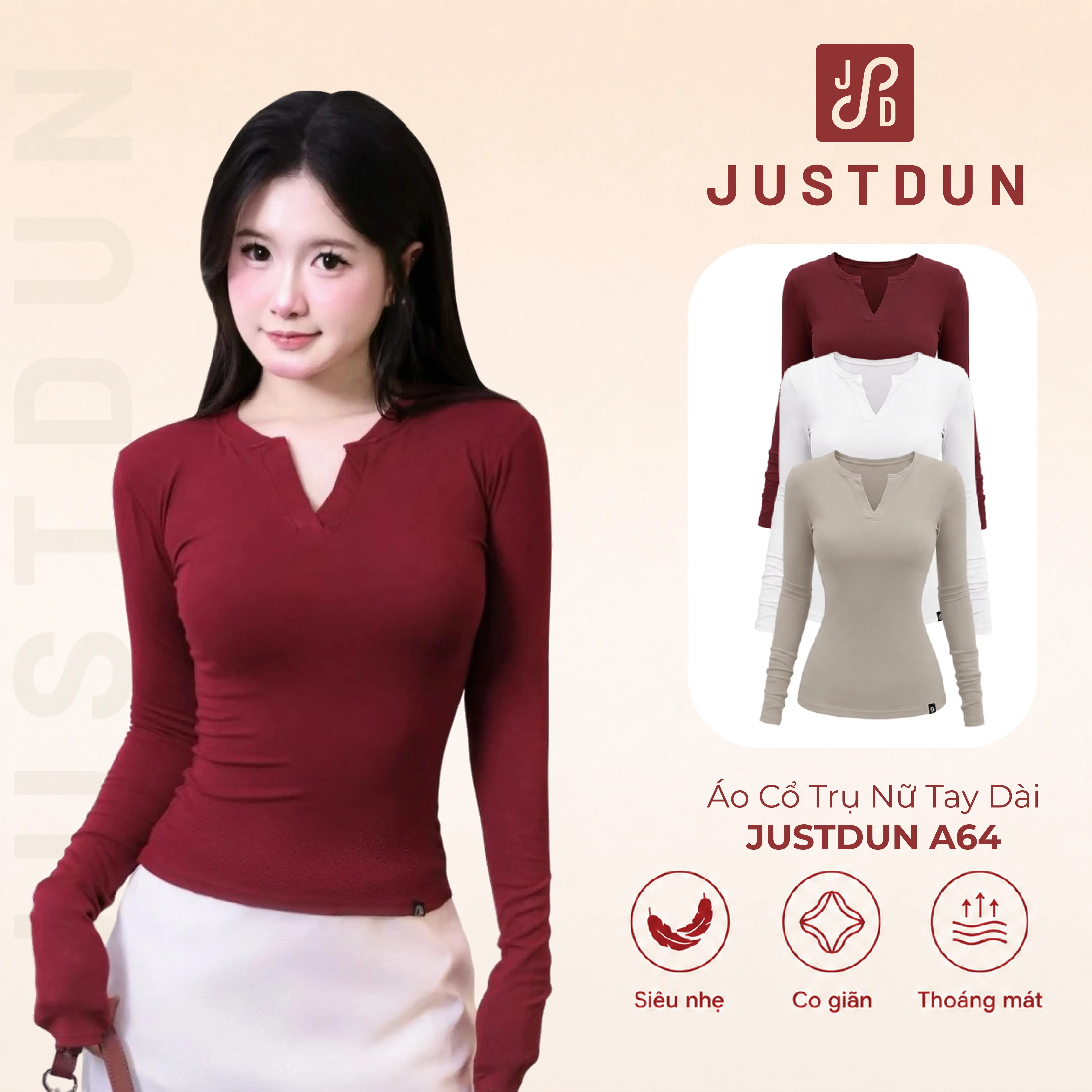 [DEAL XẢ KHO] Áo Cổ Trụ Nữ Tay Dài JUSTDUN A64 - Vải Cotton Cao Cấp Mềm Mịn, Co Giãn Thoải Mái, Tôn Dáng