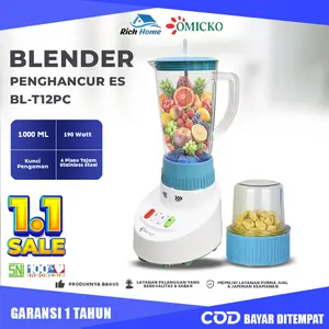 OMICKO Blender Penghancur Es BL-T12PC BIRU 190W Hemat Listrik 6 Mata Pisau Stainless Steel Safety Lock 1 Liter Ideal untuk Jus Smoothie Bumbu Es Batu