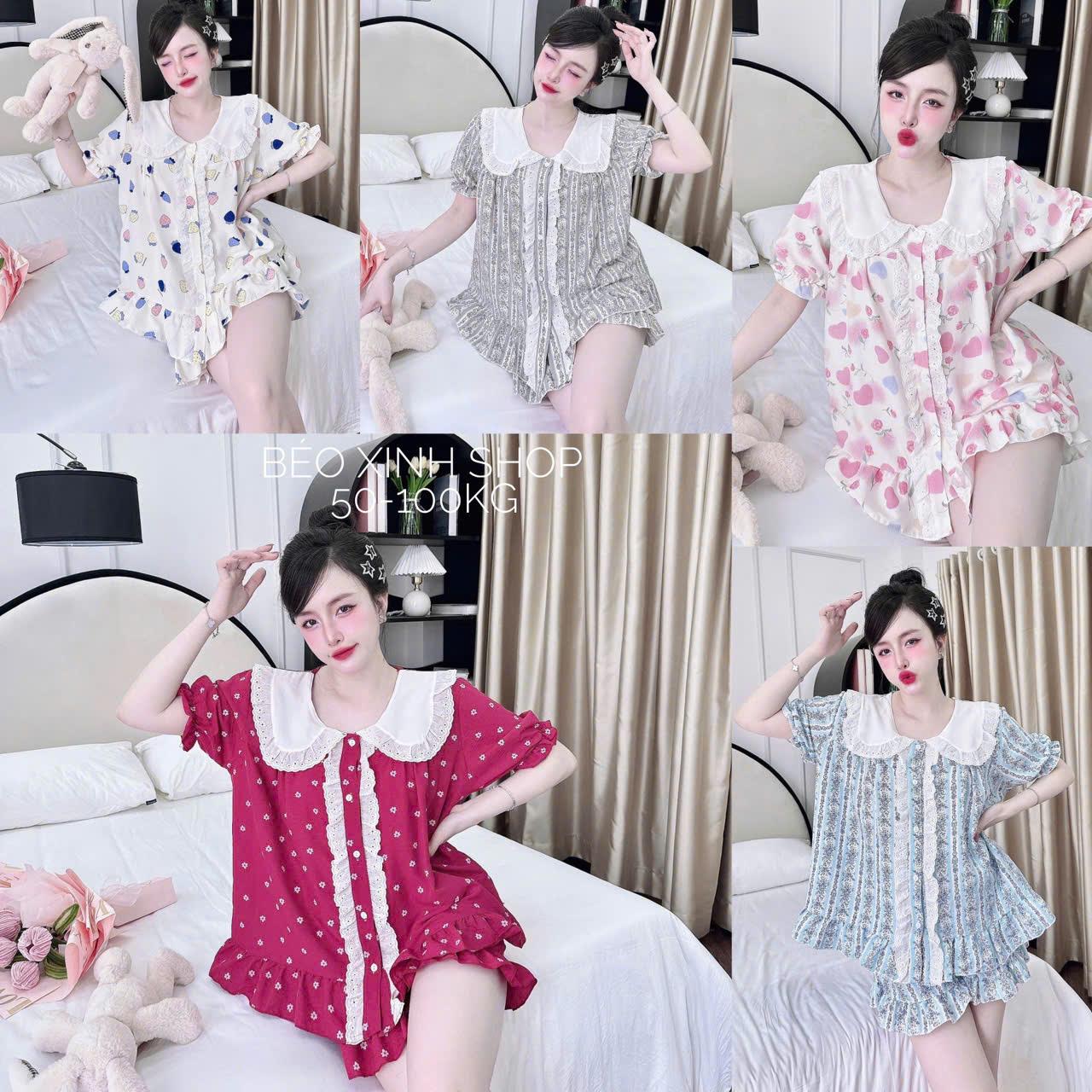 Đồ Bộ - Đồ Ngủ Quần Áo Đùi Lụa Nhật Phối Ren Tiểu Thư Pijama Bigsize 50-100kg Bộ Ngủ Nữ Nhung Lịch Women Quần Ngủ - A.5047