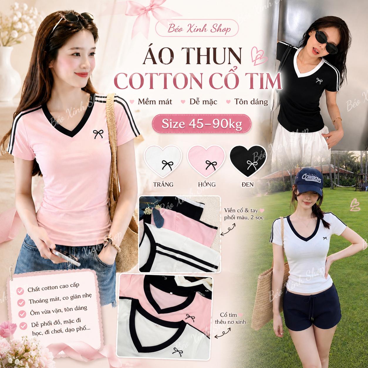 Áo Thun Cotton Cổ Tim Nữ 45-90kg Có Bigsize, Viền Phối Sọc Vai, Thêu Nơ Xinh, Co Giãn Béo Xinh Shop - A.1830