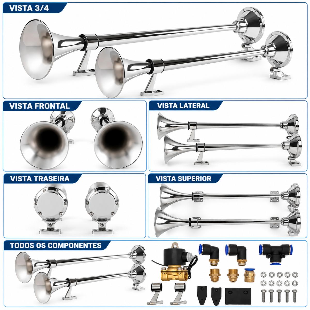Kit Buzina Maritima 74cm 12v Incluso Conexões 12 Mm Com Válvula Solenoide inclusa kit completo para Caminhão — foto 4