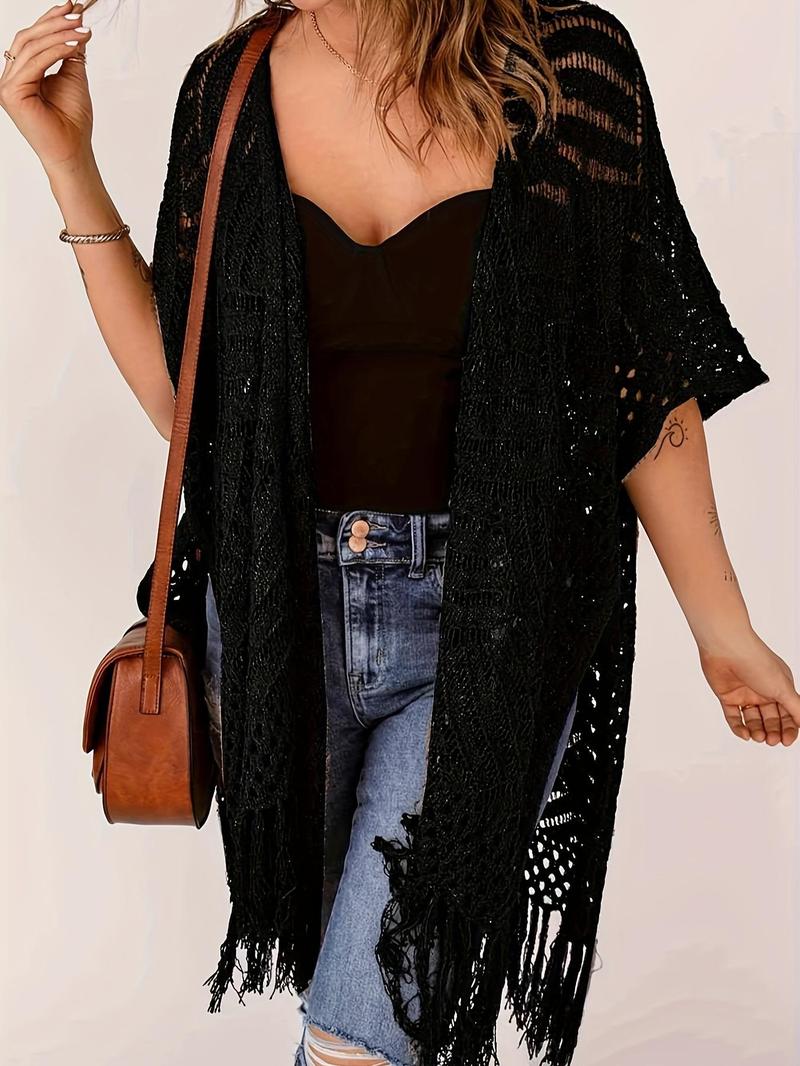 Product Introduction of 【Plus Size】 Women's Solid Fringe Trim Open Front Cardigan, Casual Half Sleeve Knitwear for Daily Wear, Ladies Clothes for All Seasons, Tops 7