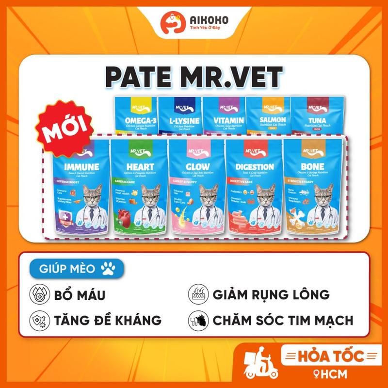 Pate Mr.Vet Gói 70g Cho Mèo - Bổ sung Omega-3, Vitamins, L-Lysine, Iron, DHA…