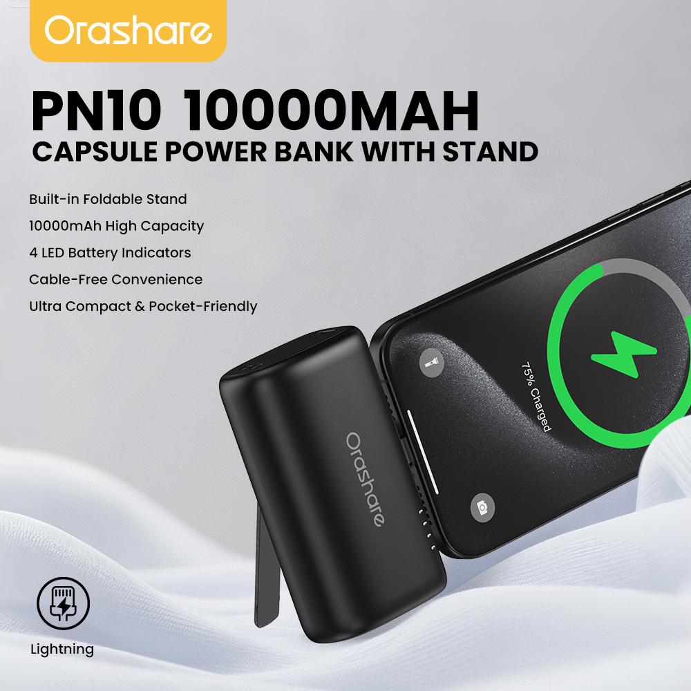 Orashare PN10 10000mAh Power Bank with Stand, Built-in Lightning/Type-C ...
