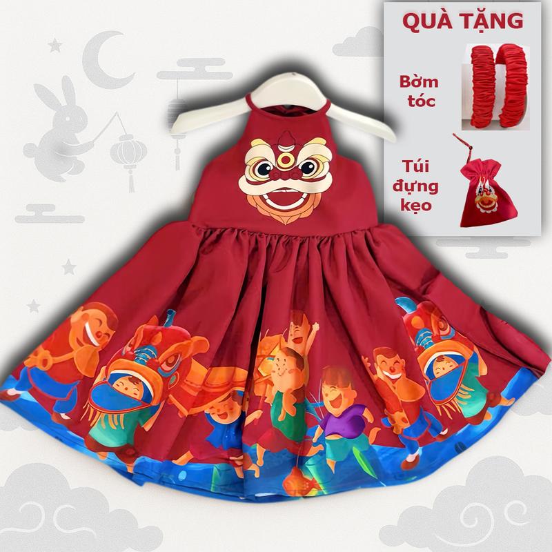   Tặng bờm+túi  Set váy yếm TẾT bé gái lân đỏ cách điệu cho bé diện trung thu 9-32KG 