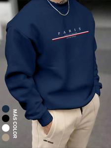 Sudadera Casual de Estilo Universitario para Hombre con Estampado de Letras 'París' y Cuello Redondo Vintage, Sudadera de Manga Larga Negra con Gráfico, Ideal para Salir, Regalos para Amigos, Esposo, Novio