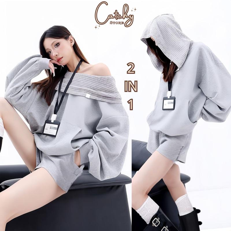 Set Bộ Nữ Áo Hoodie Trễ Vai 2 Kiểu Form Rộng Phối Quần Đùi Có Túi Năng Động Cá Tính Thu Đông Sweater CATCHYstore đồ nỉ