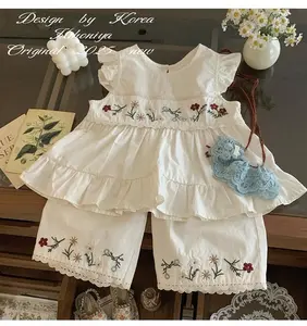 Setelan Anak Perempuan Two Pieces Atasan Dan Celana Bordir Bunga | Baju Anak Perempuan Korea Musim Panas - A103