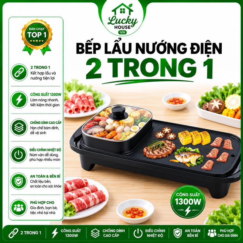 Bếp Lẩu Nướng Điện 2 Trong 1 1300W Chống Dính Đa Năng Cho Gia Đình Tiện Lợi Với Công Suất Cao Hỗ Trợ Nấu Nóng Nhanh Và Đa Dạng Món Ăn