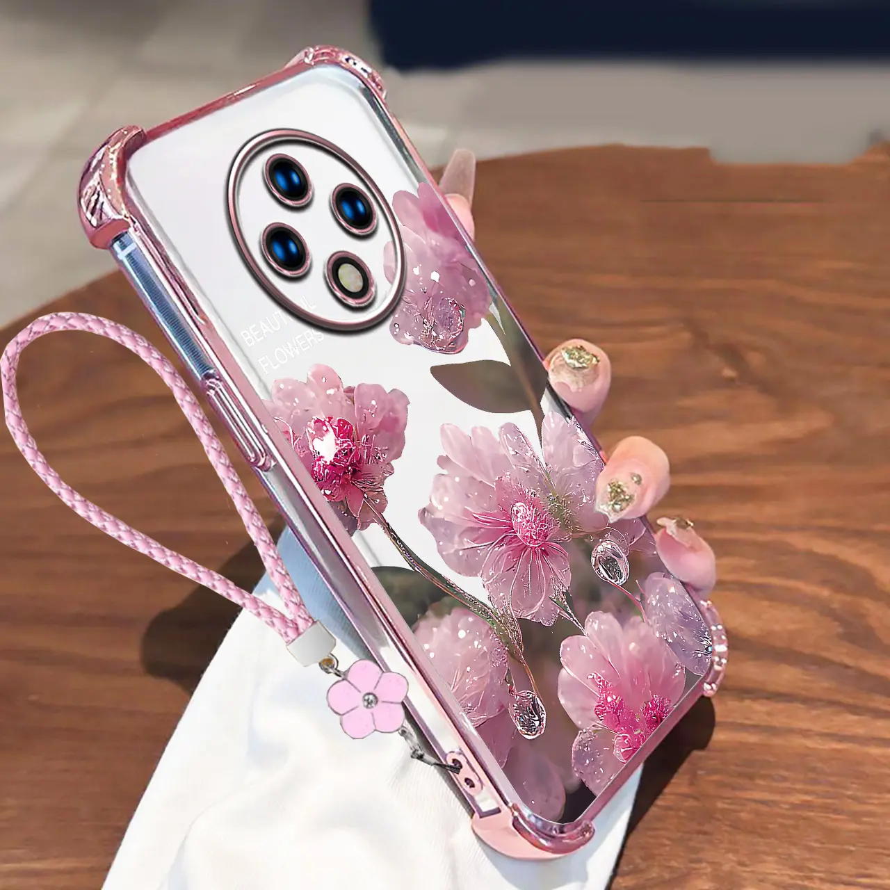 Casing For Redmi 14C 4G Xiaomi Poco C75 Phone Cases Luxury Soft Silicone Four Corner Anti Fall Shockproof Phone With Lanyard Pink flowers Cover