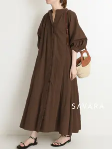 AURA DRESS • Gamis Midi Polos Muslim Wanita Lebaran Long Tunik Panjang Maxi Dress Dewasa Lebaran Bahan Katun Linen Rami Lembut Nyaman Casual • SAVARA Kancing