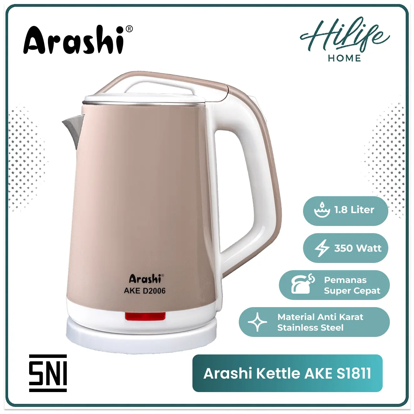 ARASHI Kettle Pemanas Air Elektrik Stainless Steel 2L Teko Listrik SNI AKE D2006