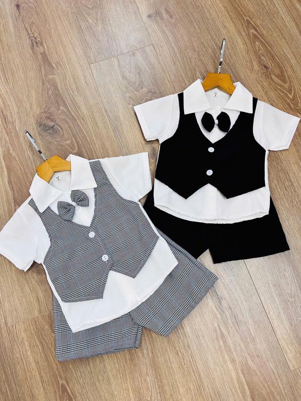 combo 2 bộ quần áo gi lê cho bé trai xám + đen vải lụa size 8kg đến 23 kg cho bé dưới 4.5 tuổi