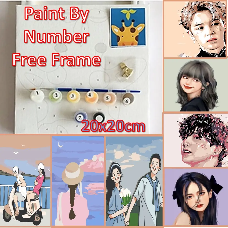 20x20cm Number Painting with Wood Frame Girl BFF Couple Pengatin Girl BTS Diy Paint By Numbers Canvas Digital Oil Paint Gift Kit for Beginners