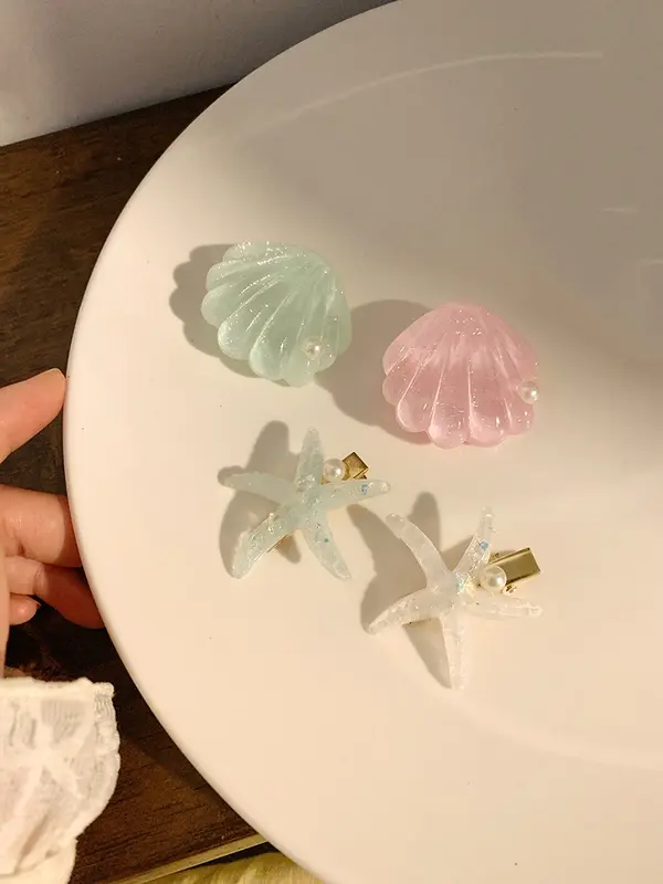 Kẹp tóc vỏ sao biển xanh lá bạc hà, kẹp tóc mái bên ngọt ngào, phụ kiện tóc bên bờ biển dễ thương Nữ Women Voi 2