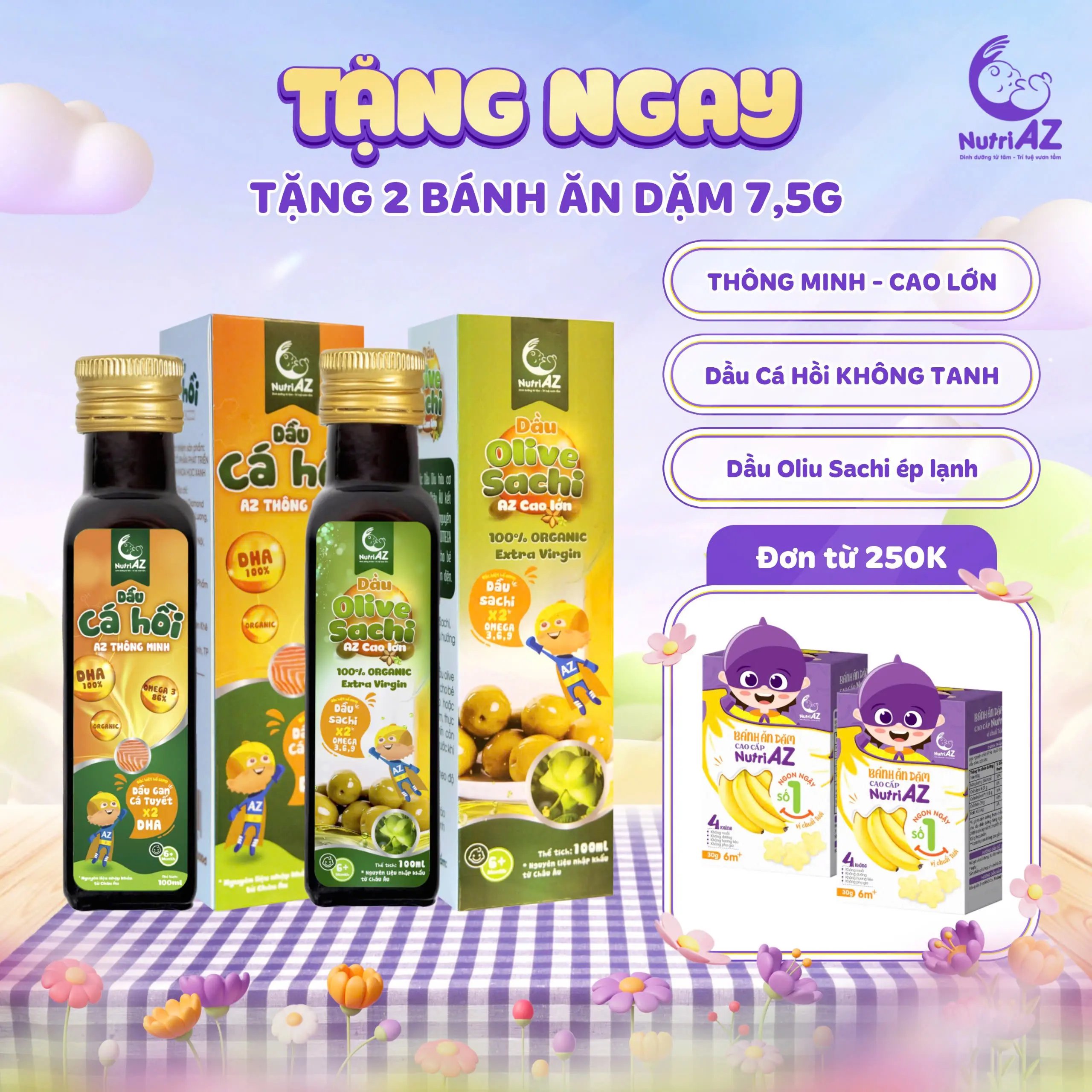 Combo Dầu Ăn Dặm Cá Hồi Và Oliu Sachi Hoặc Dầu Chiên Xào NutriAZ Bổ Sung Vitamin Cho Bé Giúp Phát Triển