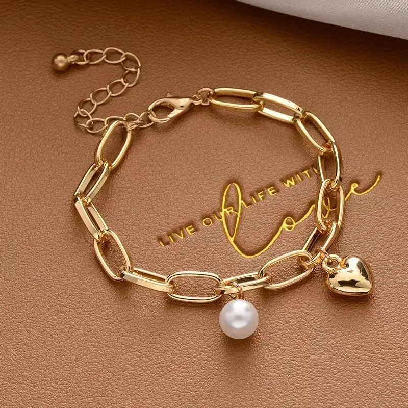 Gelang Loket Hati, Gaya Hip Hop Korea, Rantai Tebal, Untuk Wanita, Rekaan Mudah, Tiruan Mutiara, Warna Emas INS, Sesuai untuk Hadiah Pelajar Perak Bracelets