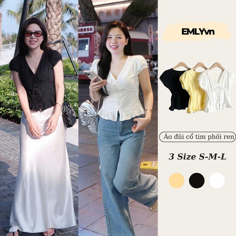  SALE LỚN - Áo Sơ Mi Đũi Cổ Tim Phối Ren Có Nơ Dáng Babydoll Áo Sơ Mi Nữ Kiểu Xinh Style Hàn Quốc 