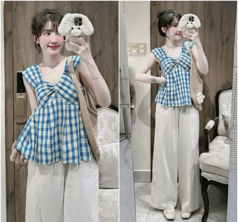 Sét đồ nữ áo lenin caro kèm quần đũi suông dài 2 lớp xinh xắn trẻ trung dành cho các nàng diện đi chơi đi dạo