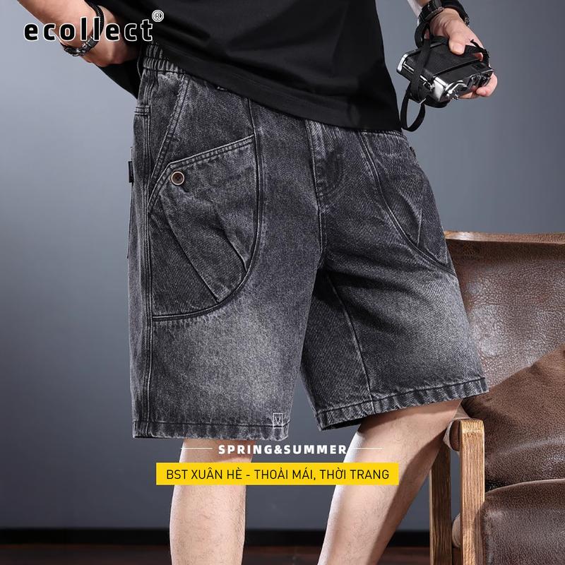  Quần short jean nam wash đen xám dáng rộng túi hộp ECOLLECT QS36 phong cách workwear 