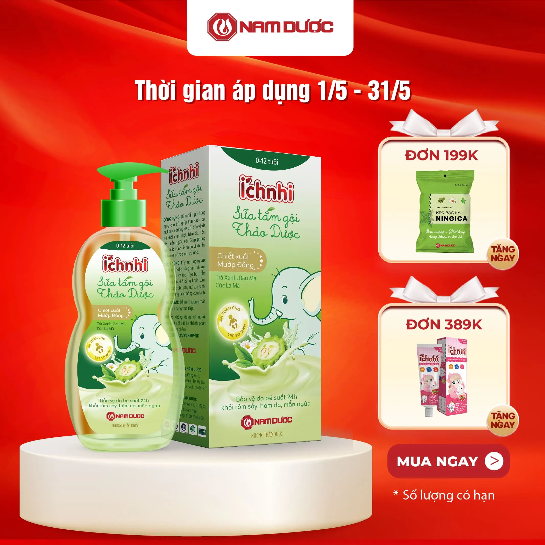 Sữa tắm gội thảo dược Ích Nhi cho bé từ 0-12 tuổi, chai 200ml giúp hỗ trợ phòng cảm lạnh, ngừa rôm sẩy, mẩn ngứa, dưỡng da mềm mịn