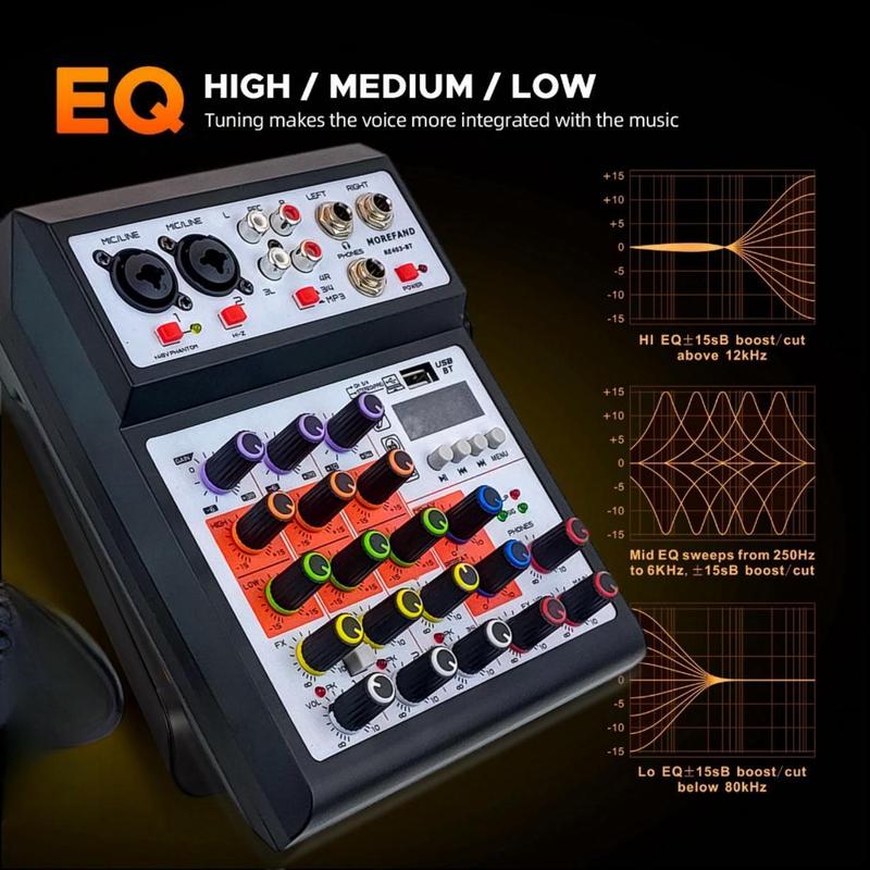 Product Introduction of KP4 Audio mixer professional 4 channel mixer, support Bluetooth USB MP3 playback Amplifier 3