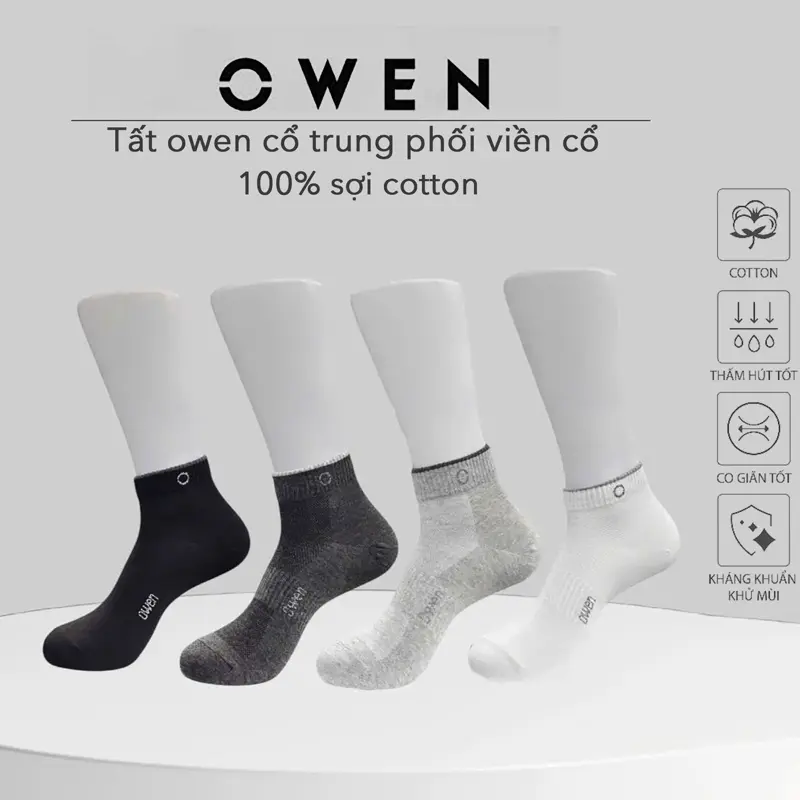 Tất OWEN nam nữ công nghệ dệt air micro kháng khuẩn khử mùi êm ái cotton 100% cao cấp thoáng khí co giãn 2026 basic phù hợp văn phòng và thể thao