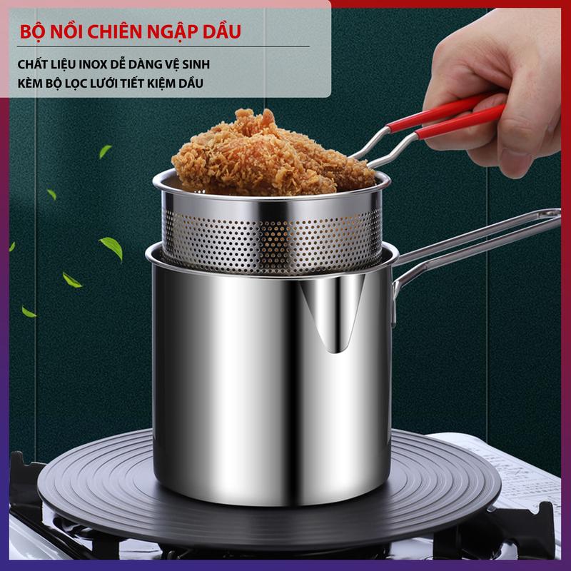 Bộ Nồi Chiên Ngập Dầu Mini Kèm Lưới Lọc Chất Liệu Inox 304 Chống Gỉ Bộ Nồi Kèm Rổ Lọc Dầu Tiết Kiệm Dầu Chống Dính Dùng Cho Mọi Loại Bếp
