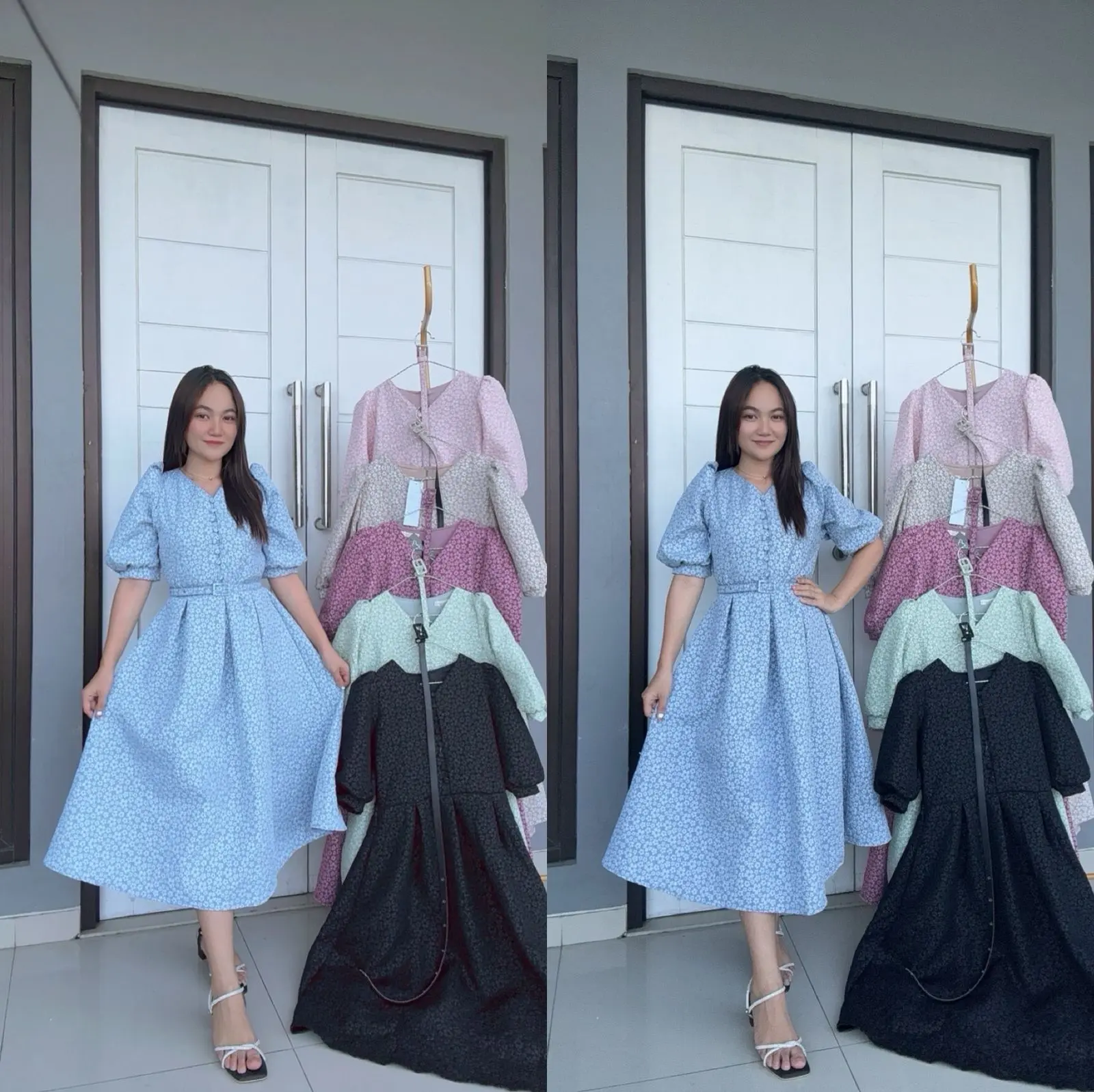 Emma.Butik E00281 Midi Dress Jacquard Cantik Emboss Bunga Simple Elegan Casual Formal Kondangan Gereja Baju Panjang