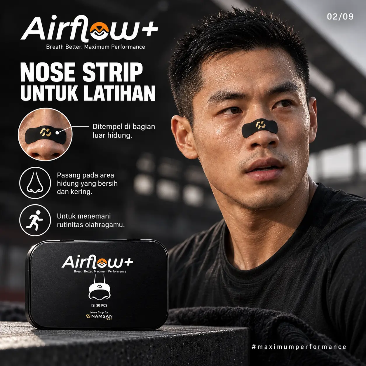 Airflow+ Black | Nasal Strip Isi 30 Tin Box | Plester Pelega Hidung Anti Ngorok | Nose Strip Pria Olahraga & Tidur Aroma Mint Fresh